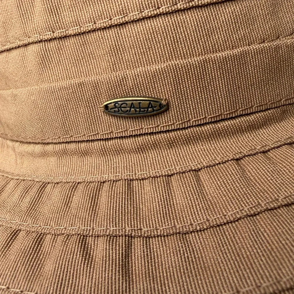 Scala Sun Hat Womens Tan Wide Brim Bow‎ Ribbed Packable Coastal OS
